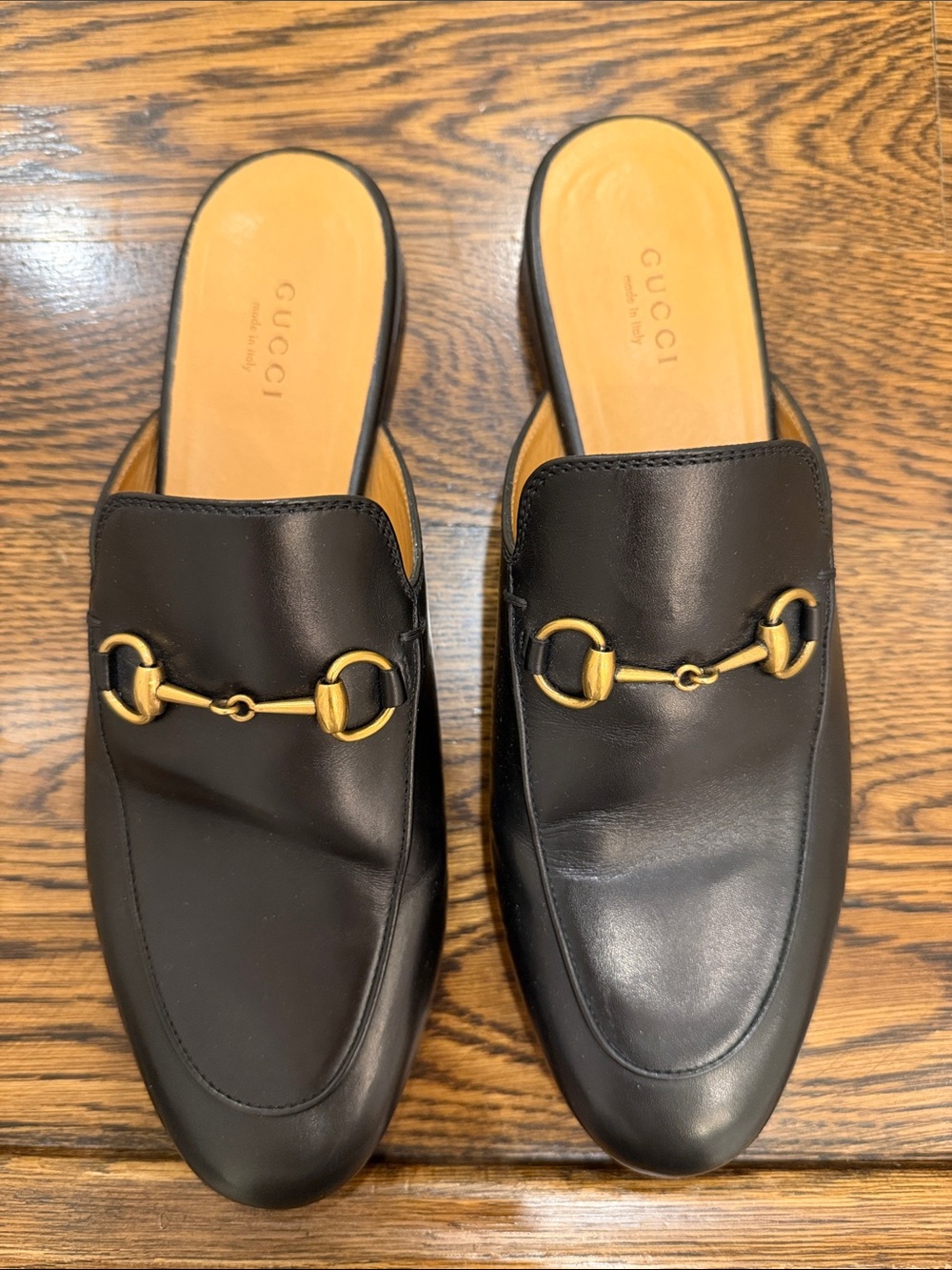Gucci Black Leather Horsebit Backless Loafers with Gold Hardware